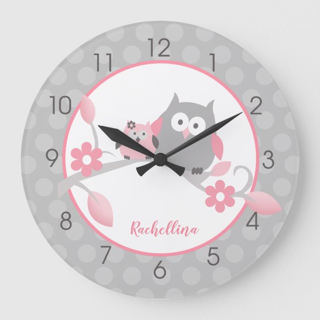 Grande Horloge Ronde Light Gray and Pink Happy Owls Girl Nursery (Recto)