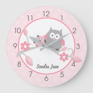Grande Horloge Ronde Light Pink and Gray Happy Owls Girl Nursery