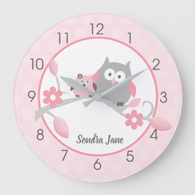 Grande Horloge Ronde Light Pink and Gray Happy Owls Girl Nursery (Recto)