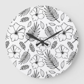 Grande Horloge Ronde Ligne d'art graphique d'Hibiscus Tropical