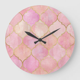 Grande Horloge Ronde Ligne d'or marocaine : Aquarelle rose