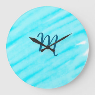 Grande Horloge Ronde lignes simples d'aquarelle bleue ajoutez votre mon