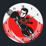 Grande Horloge Ronde Ligue de Justice | Superman Flying Noir Pop Art<br><div class="desc">Regardez ce dessin Superman de la Ligue de la Justice de style pop art tandis qu'il vole dans les airs. Ce dessin noir et blanc est compensé par sa cape rouge vif et le logo rouge S-Shield sur sa poitrine.</div>