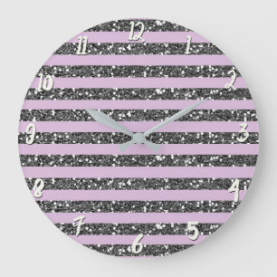 Grande Horloge Ronde Lila Lavande Violet Paillettes Argent Rayures