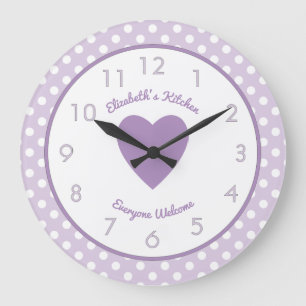 Grande Horloge Ronde Lilac et blanc avec pois et nom
