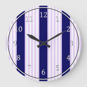 Grande Horloge Ronde Lilac et rayures blanches motif avec bleu marine