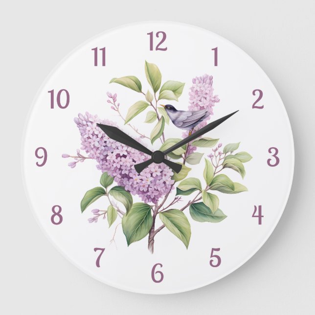 Grande Horloge Ronde Lilac Fleurs & Oiseaux Mur d'illustration botaniqu (Recto)
