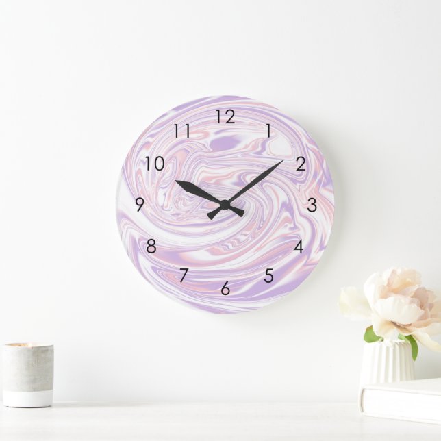 Grande Horloge Ronde Lilac rose Moderne Abstrait en marbre liquide (Maison)