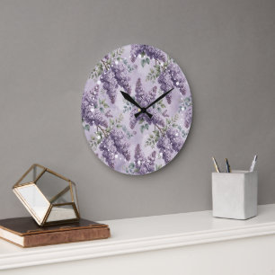 Grande Horloge Ronde Lilas Fleurs de lilas Vert sauge Lavande poudrée