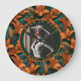 Grande Horloge Ronde Lilies Orange Configurables Accent Boho Anniversai