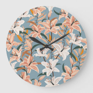 Grande Horloge Ronde Lily Floral Blue Vintage Print