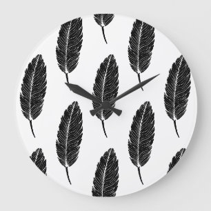 Grande Horloge Ronde Linocut en plumes rustiques noir et blanc