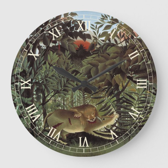 Grande Horloge Ronde Lion affamé par Henri Rousseau, animal sauvage Vin (Recto)