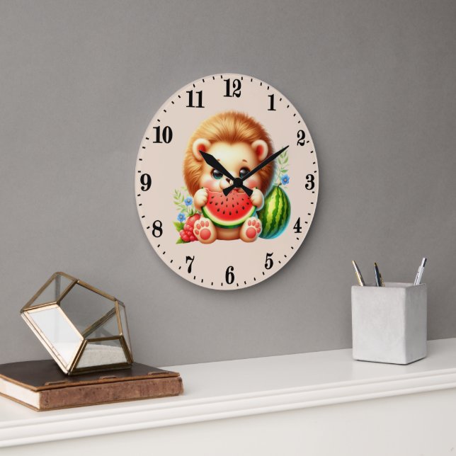 Grande Horloge Ronde Lion amateurs de pastèque mignons (Bureau)