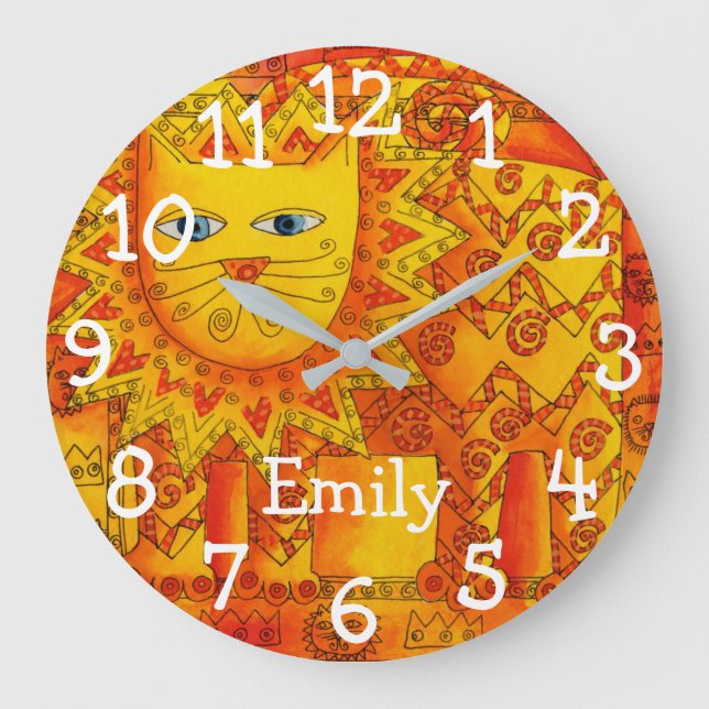 Grande Horloge Ronde Lion aquarelle à motif Nom personnalisé (Recto)