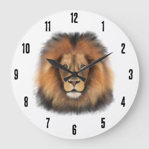 Grande Horloge Ronde lion aquarelle Leo roi safari animal jungle chat 