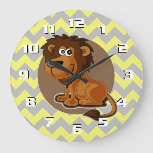 Grande Horloge Ronde Lion caricature sur Chevron Motif mignonne Nursery