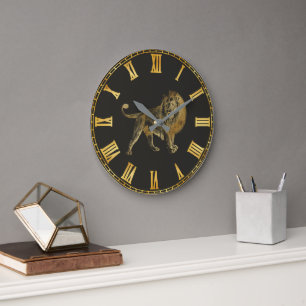 Grande Horloge Ronde Lion d'or noir