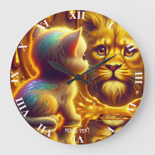 Grande Horloge Ronde Lion et chaton mignons de fantaisie