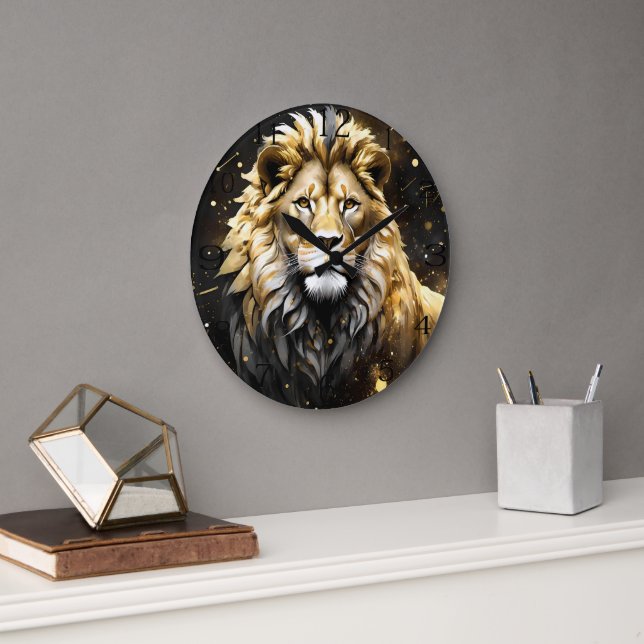 Grande Horloge Ronde Lion Mâle Majestic D'Or Et De Gris, (Bureau)
