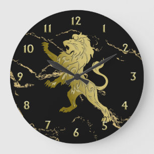 Grande Horloge Ronde Lion Royal Doré Sur Marbre Noir avec Chiffres Doré