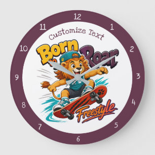 Grande Horloge Ronde Lion sur skateboard déco chambre enfant cool
