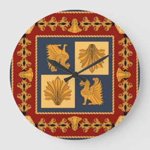 Grande Horloge Ronde Lions d'or : design foulard Art Nouveau