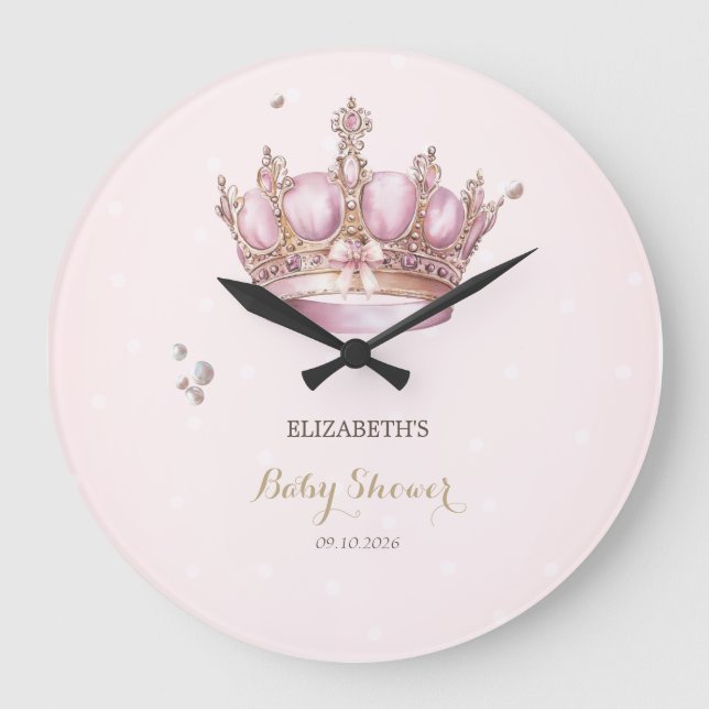 Grande Horloge Ronde Little Princess Crown Pearls Dots Baby Shower (Recto)