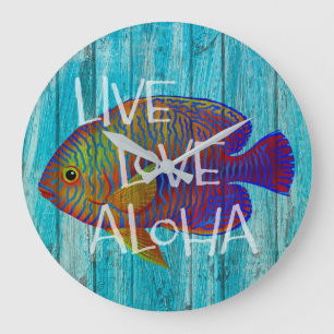 Grande Horloge Ronde Live Love Aloha Tropical Fish Beach Sign