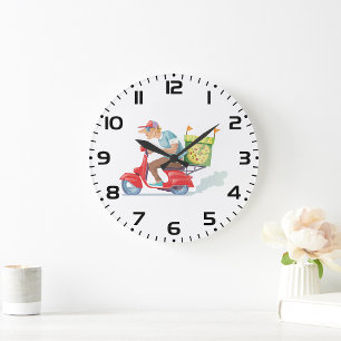 Grande Horloge Ronde Livreur de Pizza sur Scooter Rouge