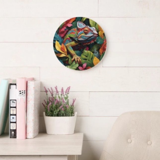 Grande Horloge Ronde Lizard Leaves & Couleur (Lizard backside hanging slot non-ticking design. 2 sizes: 8" diameter or 10.75" diameter.)
