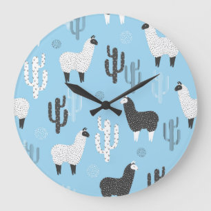 Grande Horloge Ronde Llama et cactus, motif mignon.
