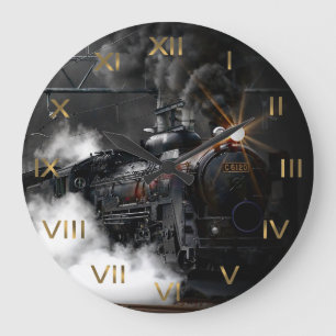 Grande Horloge Ronde Locomotive à vapeur noire
