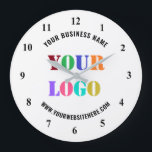 Grande Horloge Ronde Logo de Custom<br><div class="desc">Your Colors and Font - Custom Logo and Text Promotional Business Personalized - Add Your Logo / Image and Text / Information - Resize and move element with customization tool. Choose / add your favorite background and text colors !</div>