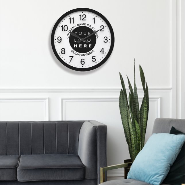 Grande Horloge Ronde Logo de l'entreprise Noir Blanc Silver Nom Slogan (Company Logo Black White Silver Name Slogan Large Clock)