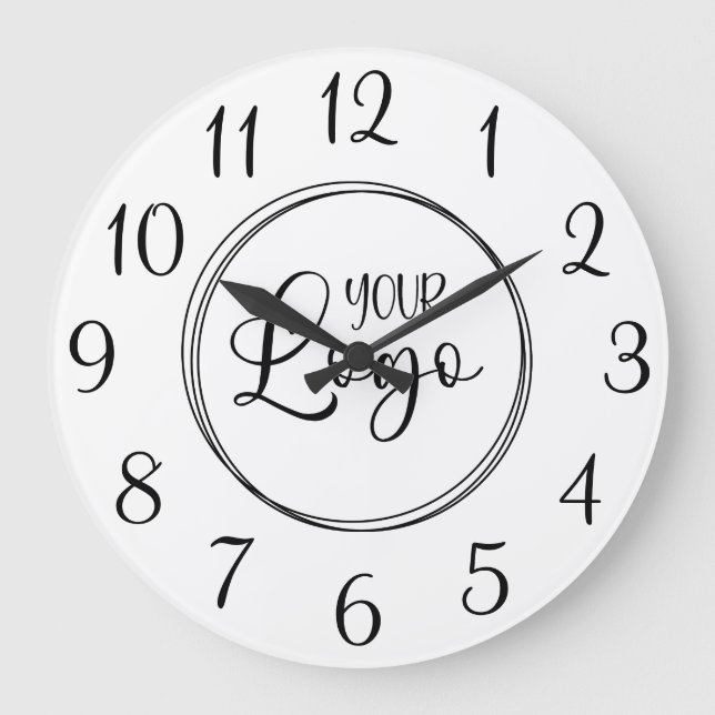 Grande Horloge Ronde Logo des numéros de script élégants blanc et noir (Recto)