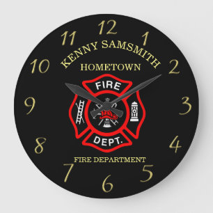 Grande Horloge Ronde Logo du service d'incendie Badge noir et rouge