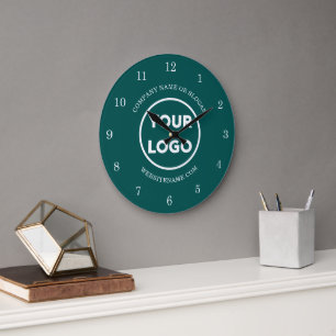 Grande Horloge Ronde Logo et texte personnalisés sur Turquoise
