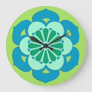 Grande Horloge Ronde Lotus Flower Mandala, Lime Green et Bleu clair