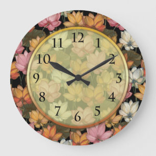 Grande Horloge Ronde Lotus Water Lilies Pink Yellow White Green Floral