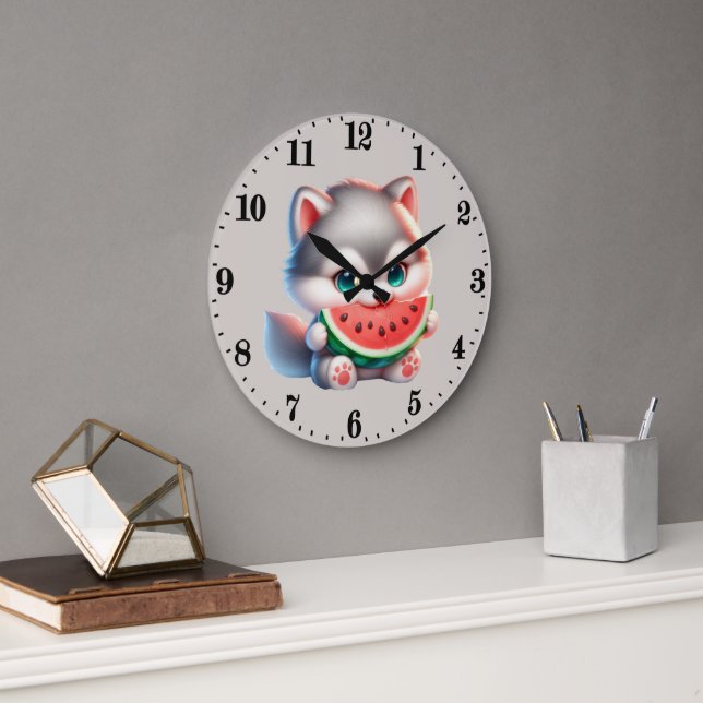 Grande Horloge Ronde Loup amateur de pastèque mignon (Bureau)