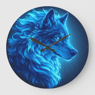 Grande Horloge Ronde Loup Bleu Majestueux Art de Faune Fantastique Lumi