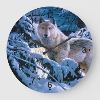 Grande Horloge Ronde Loup dans la peinture de la forêt d'hiver