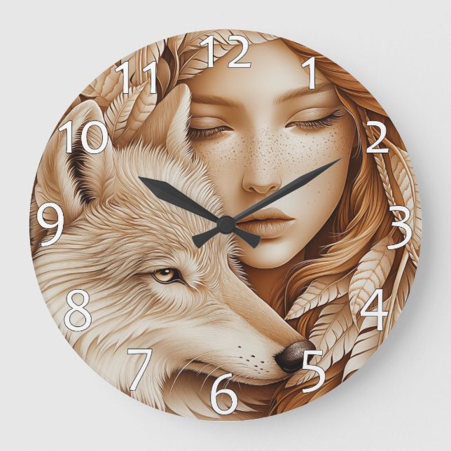 Grande Horloge Ronde Loup et femme en plumes (Recto)