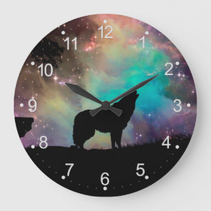 Grande Horloge Ronde Loup hurlant dans l'univers