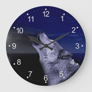 Grande Horloge Ronde Loup hurlant sur la lune dans la mer