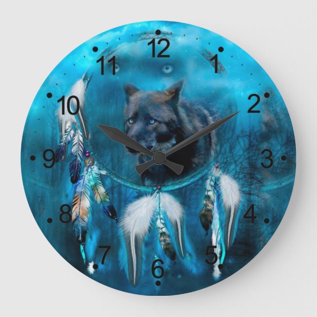 Grande Horloge Ronde Loup indien attrapeur de rêve avec des ornements e (Recto)