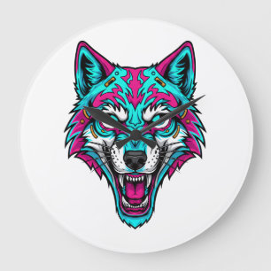 Grande Horloge Ronde Loup néon Cyberpunk - Animal robotique Synthwave