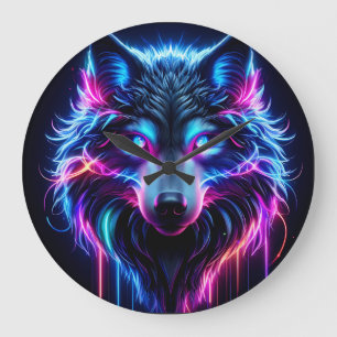 Grande Horloge Ronde Loup Néon Yeux Lumineux Animal Futuriste Cyberpunk
