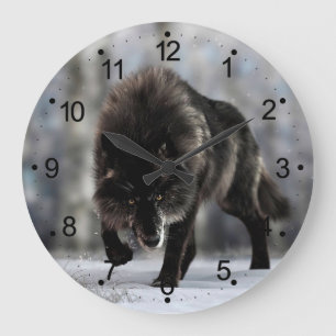 Grande Horloge Ronde Loup noir en colère